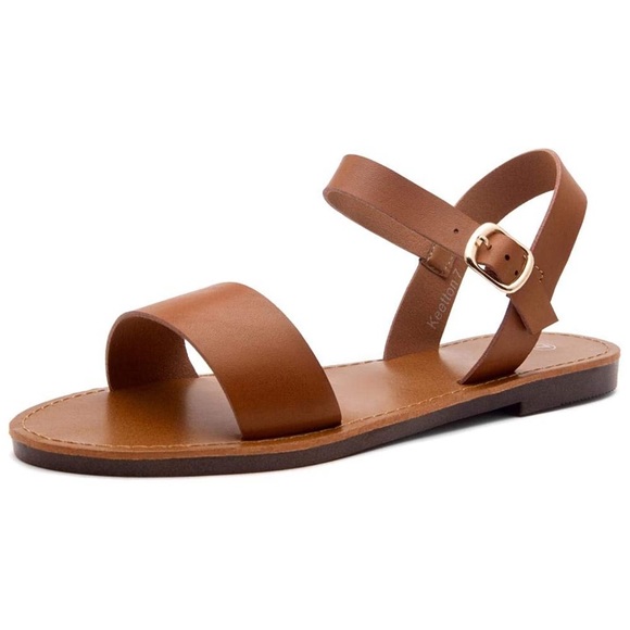Cognac Open Toes One Band Ankle Strap Flat Sandals - Picture 3 of 7